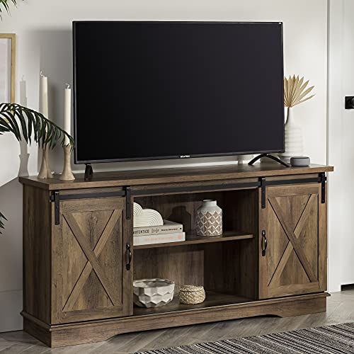 Walker Edison Richmond Modern Farmhouse Sliding Barn Door Stand for TVs up to 65 Inches, Without Fireplace, Rustic Oak