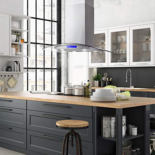 COSMO 668ICS900 36 in. Island Range Hood with 380 CFM, 3 Speeds, Ducted, Permanent Filters, Soft Touch Controls, LED Lights, Curved Glass Hood in Stainless Steel