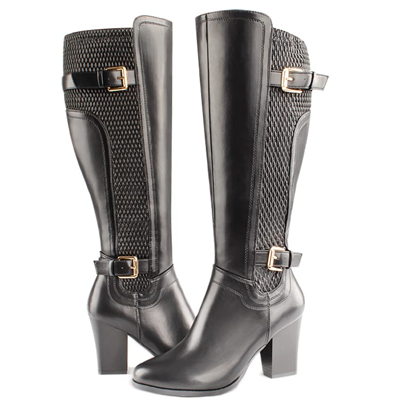DCMBLY Knee High Boots Women Chunky Heel Almoud Toes Full Side Zipper Boots with Super Elasticity Embroidering Shrinked PU