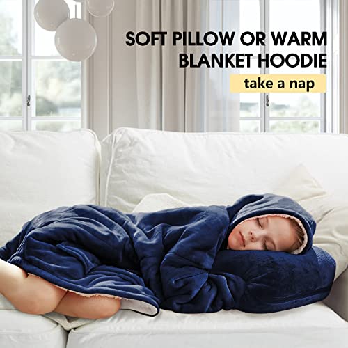 yescool Wearable Blanket Hoodie for Kids - Oversized Sherpa Blanket Sweatshirt Kids with Pocket - Gifts for Kids Girls Boys - Portable Warm Travel Pillow - Teen Wearable Blankets - Blue Elephant