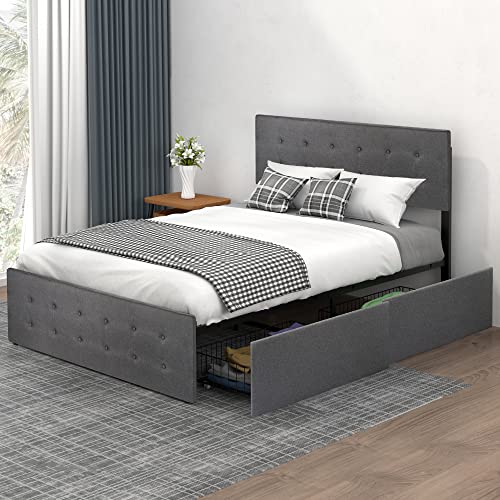 IDEALHOUSE Queen Bed Frame with 4 Storage Drawers and Headboard, Adjustable Upholstered Headboard Beds Mattress Foundation with Wood Slat Support, No Box Spring Needed