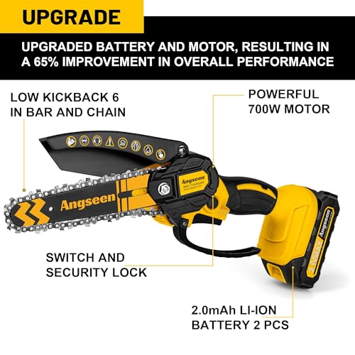 Mini Chainsaw Cordless 6 Inch, Electric Chainsaw Chain Saw Battery Powered, Small Hand Chainsaw With 2 2.0Ah Battery and 2 Super Chains for Tree Trimming, Branches, Wood Cutting (2023 Upgrade)