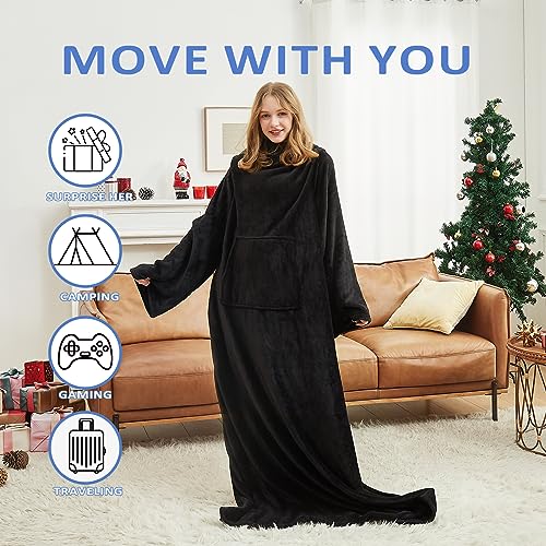HOSUKKO Fleece blanket hoodie with Sleeves Pocket and Hat - Super Warm and Cozy Giant Blanket Hoodie - Thick Flannel Blanket - Black