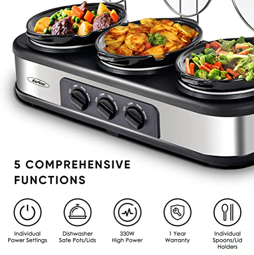 Sunvivi Slow Cooker, Triple Slow Cooker Buffet Server 3 Pot Food Warmer, 3-Section 1.5-Quart Oval Slow Cooker Buffet Food Warmer Adjustable Temp Lid Rests Stainless Steel,Total 4.5 QT