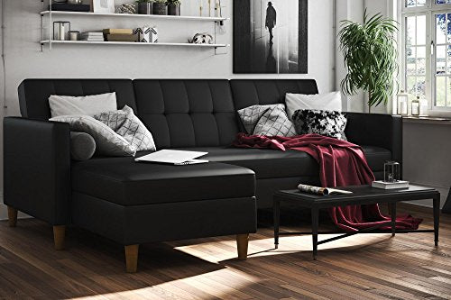 DHP Hartford Storage Sectional Futon with Interchangeable Chaise, Space-saving Design with Multi-position Back, Wooden Legs, Black Faux Leather