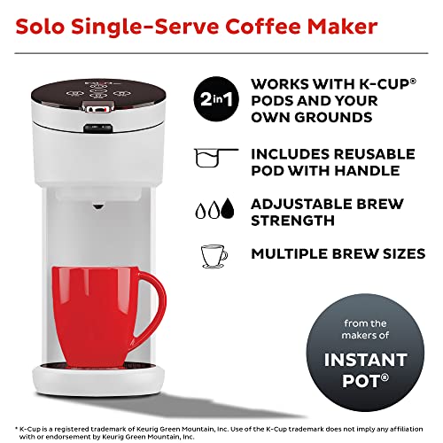 Instant Solo Single Serve Coffee Maker, From the Makers of Instant Pot, K-Cup Pod Compatible Coffee Brewer, Includes Reusable Coffee Pod & Bold Setting, Brew 8 to 12oz., 40oz. Water Reservoir, White