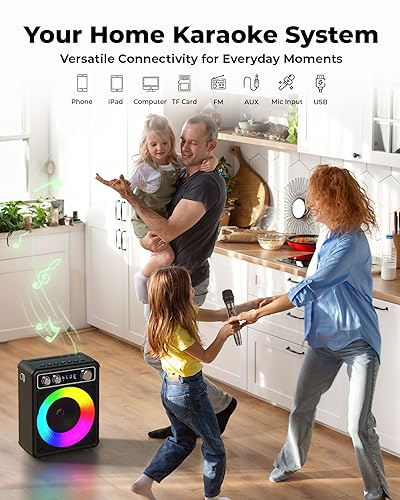 BONAOK Karaoke Machine, Portable Bluetooth Speaker with Two Wireless Microphones, PA System with LED Light for Home Party Indoor/Outdoor, Karaoke Machine for Adults/Kids Supports TWS/TF/USB/FM/AUX