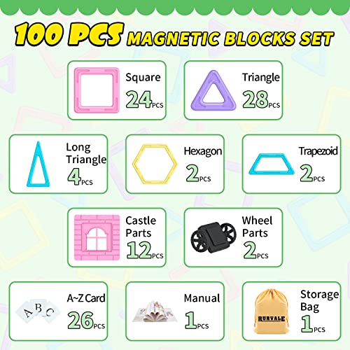 Rurvale 100Pcs Magnetic Blocks, Magnet Toys for 3 4 5 6 7 8 Year Old Boys Girls, Magnetic Tiles, Learning Educational STEM Toys for Toddlers 3-5, 4-8, Building Blocks for Kids Ages 3+ Birthday Gifts