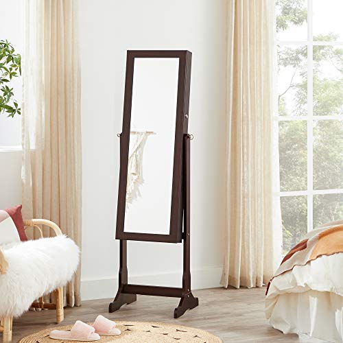 SONGMICS Mirror Jewelry Cabinet with 6 LED Lights, Lockable Standing Mirrored Armoire Organizer, 2 Drawers, Brown UJJC94K