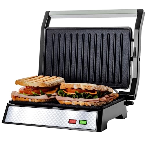 OVENTE Electric Indoor Panini Press Grill and Sandwich Maker with Non-Stick Coated Plates, Opens 180 Degrees to Fit Any Type or Size Food, Temperature Control and Removable Drip Tray, Silver GP0620BR