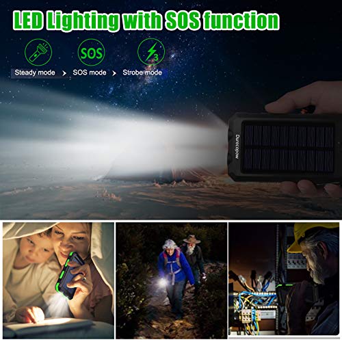 Durecopow Solar Charger, 20000mAh Portable Outdoor Waterproof Solar Power Bank, Camping External Backup Battery Pack Dual 5V USB Ports Output, 2 Led Light Flashlight with Compass (Green)