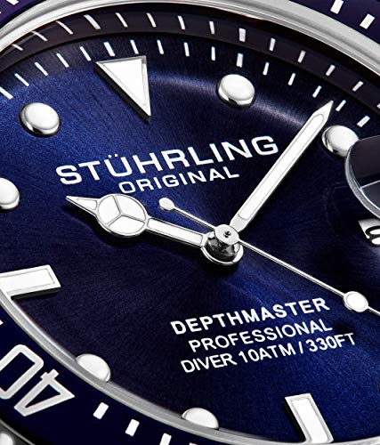 Stuhrling Original Men's Watch Dive Watch Blue 42 MM Silver Case with Screw Down Crown Rubber Strap Water Resistant to 330 FT (Blue)