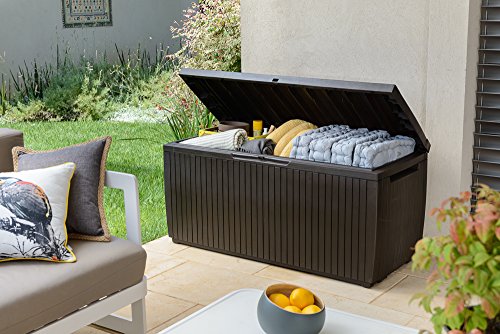 Keter Springwood 80 Gallon Resin Outdoor Storage Box for Patio Furniture Cushions, Pool Toys, and Garden Tools with Handles, Brown
