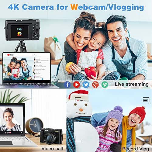 4K Digital Camera for Photography and Video Autofocus Anti-Shake, 48MP Vlogging Camera with SD Card, 3'' 180ยฐ Flip Screen Compact Camera with Flash, 16X Digital Zoom Travel Camera (2 Batteries)