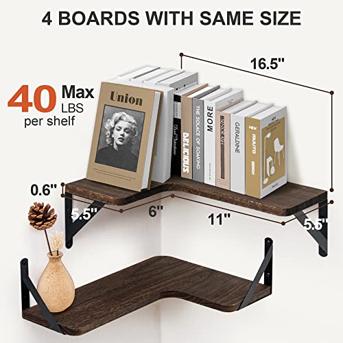 Marsmiles Corner Floating Shelves, Corner Wall Shelves Set of 4, Wall Mounted Corner Storage Display Shelving for Bathroom, Bedroom, Living Room, Kitchen, 16" W x 11-2/5" D, L-Shaped, Rustic Brown