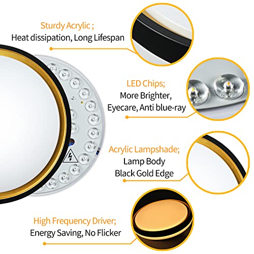 Hurrah LED Ceiling Light Fixture with Remote Control - 17W Flush Mount Dimmable Ceiling Lamp Black Round 2700K-6500K 11.8in Close to Ceiling Lighting for Bedroom Living Room Hallway Kitchen