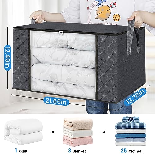 BlissTotes Storage Clothing Bags Storage Clothes Organizer with Reinforced Handle Sturdy Fabric Clear Window for Blankets, Bedding, Collapsible with Sturdy Zipper, 6 Pack, 60L, Grey