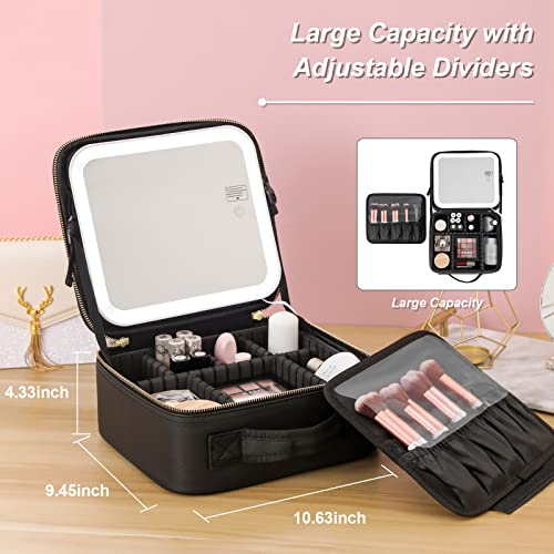 RRtide Travel Makeup Bag with Mirror of LED Lighted, Makeup Train Case with Adjustable Dividers, Makeup Case with Mirror and Detachable 10x Magnifying Mirror