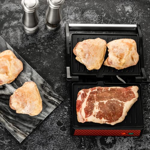 OVENTE Electric Indoor Panini Press Grill and Sandwich Maker with Non-Stick Coated Plates, Opens 180 Degrees to Fit Any Type or Size Food, Temperature Control and Removable Drip Tray, Red GP0540R