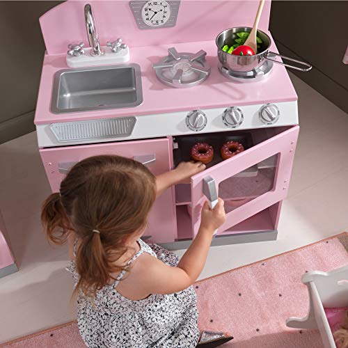 KidKraft Retro Wooden Play Kitchen and Refrigerator 2-Piece Set with Faucet, Sink, Burners and Working Knobs, Pink, Gift for Ages 3+