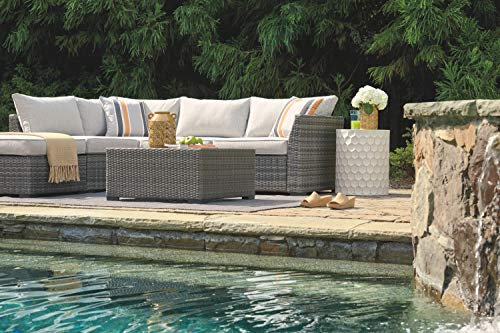 Signature Design by Ashley Outdoor Cherry Point 4 Piece Seating Set with Ottoman & Cocktail Table, Gray