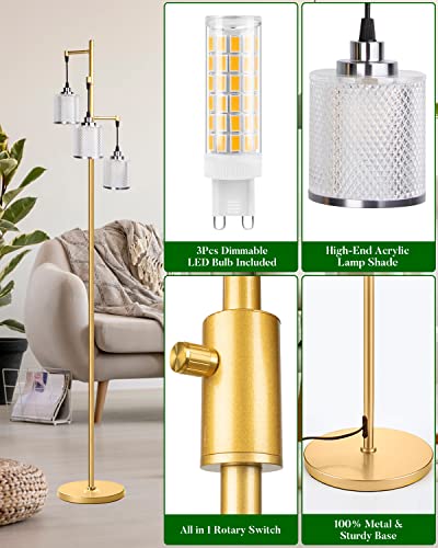bulbeats 67IN Dimmable (Brightness Adjustable) Floor Lamp with 0%-100%, Floor Lamp with 3pcs LED Bulbs Included Plastic Shatterproof Lampshade Gold Mid-Century Modern Light for Living Room/Bedroom