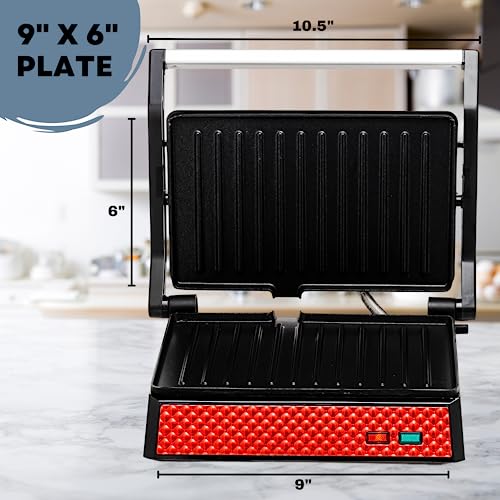 OVENTE Electric Indoor Panini Press Grill and Sandwich Maker with Non-Stick Coated Plates, Opens 180 Degrees to Fit Any Type or Size Food, Temperature Control and Removable Drip Tray, Red GP0540R