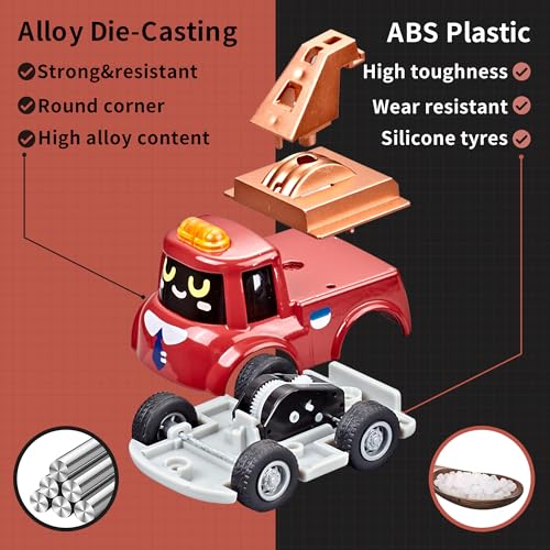 KIDAMI 4 PCS Die-Cast Metal Toy Cars & Trucks, Toddler Cartoon Pull Back Cars for Kids Birthday Gift Toys, Toddler Toys for 1 2 3 4 Years Old Boys Girls