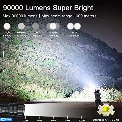 BengMxj Rechargeable LED Flashlights, 90000 High Lumens Flashlight, XHP70 Tactical Flashlight with Zoomable, 5 Modes, Super Bright Waterproof Flashlights for Emergencies, Camping, Hiking