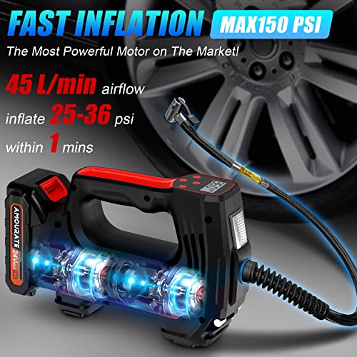 Amourate 24V Air Compressor Tire Inflator Portable for Car, Cordless Air Pump (150 PSI) with 12V Car Adapter Rechargeable Battery,Digital Pressure Gauge,Auto-off inflating Red