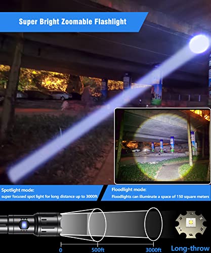 JAY-PARK Flashlights High Lumens Rechargeable, 100000 Lumen Super Bright LED Flashlight Powerful, Handheld USB-C Flashlights Zoomable, High Power Tactical Flash Light for Emergencies, Camping, Daily