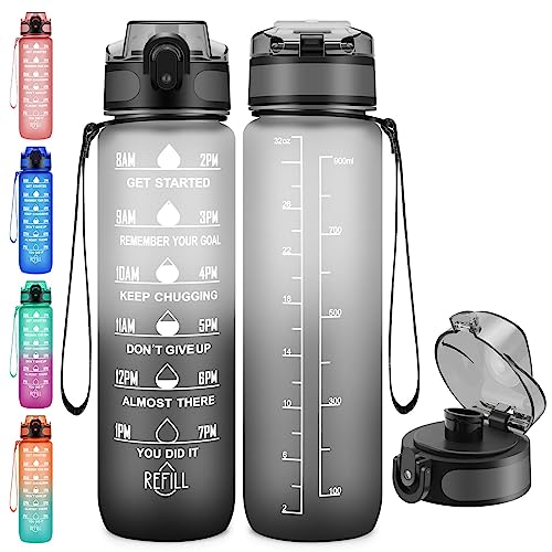 Esgreen 32 oz Motivational Water Bottles With Time Maker, Big 1000ml BPA-free Plastic Water Jugs For Men Women, No Straw Leak-proof Sturdy Drinking Bottles With Strap For Sports Workout Gym Travel