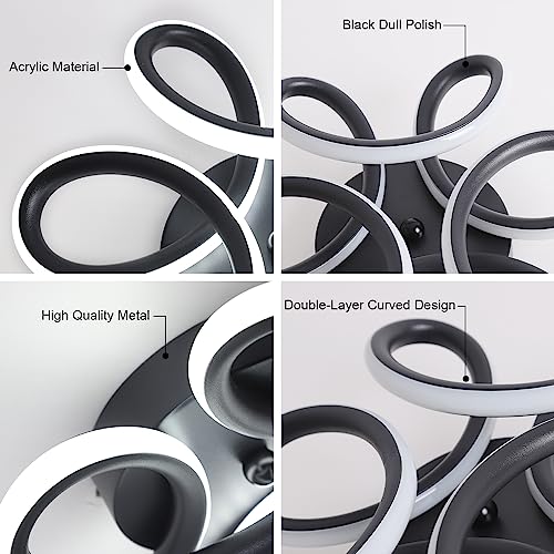 DELIPOP Modern LED Ceiling Light, Black Flowers Design Semi Flush Mount Ceiling Light, 10in 22W Cool Light 6500K Aluminum Ceiling Light Fixtures