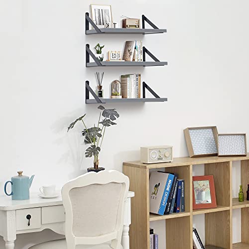 Fun Memories Floating Shelves for Wall Set of 3, Modern Grey Wall Mounted Shelves for Home Decor Storage, Floating Book Shelf Bathroom Shelf with Visible Bracket