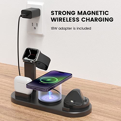 Magnetic Wireless Charger, 4 in 1 Wireless Charging Station Multiple Devices for Apple iPhone 15/15 Pro/15 Plus/15 Pro Max, 14,13,12 Pro/Max/Mini/Plus, AirPods, Apple Watch - Black