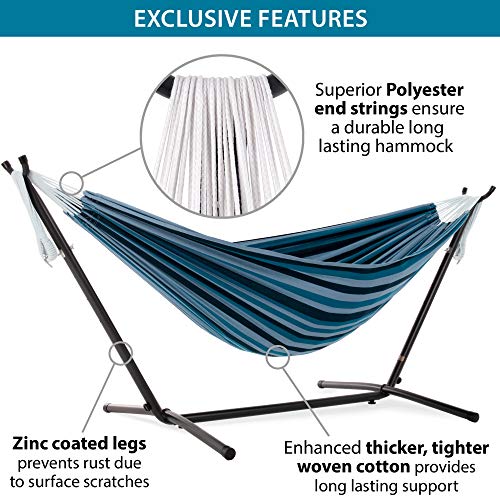 Vivere Double Cotton Hammock with Space Saving Steel Stand, Blue Lagoon (450 lb Capacity - Premium Carry Bag Included)
