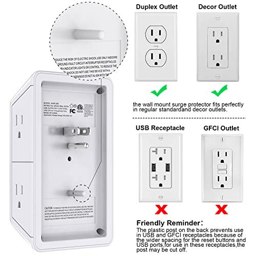 Multi Plug Outlet Surge Protector - POWRUI 6 Outlet Extender with 3 USB Ports (1 USB C) and Night Light, 3-Sided Power Strip with Adapter Spaced Outlets - White,ETL Listed