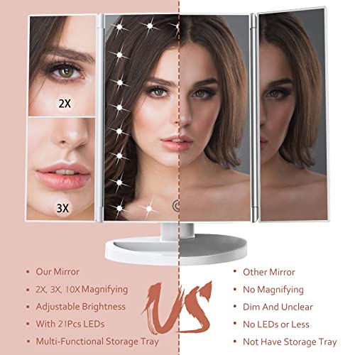 Makeup Mirror Vanity Mirror with Lights, 2X 3X 10X Magnification, Lighted Makeup Mirror, Touch Control, Trifold Makeup Mirror, Dual Power Supply, Portable LED Makeup Mirror, Women Gift (White+10X)