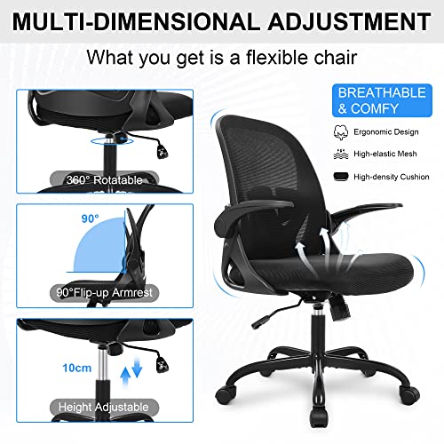 Primy Office Ergonomic Desk Chair with Adjustable Lumbar Support and Height, Swivel Breathable Mesh Computer Chair with Flip up Armrests for Conference Room (Black)