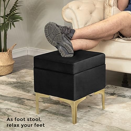HOUCHICS SquareStorage Ottoman,Soft Footstool with Metal Legs,Black Ottoman Foot Rest for Living Room,Bed Room
