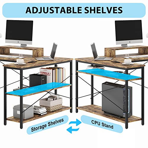 47 INCH L Shaped Computer Desk with Storage, Heavy Duty Home Office Desks with Monitor Stand, Corner Desk for Small Space Bedroom Study Writing Workstation PC Table, Easy to Assemble, Rustic Brown