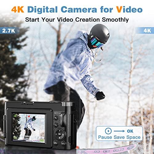 4K Digital Camera for Photography and Video Autofocus Anti-Shake, 48MP Vlogging Camera with SD Card, 3'' 180ยฐ Flip Screen Compact Camera with Flash, 16X Digital Zoom Travel Camera (2 Batteries)