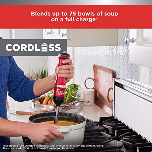 BLACK+DECKER Kitchen Wand Cordless Immersion Blender, Hand Blender with Charging Dock, Red (BCKM1011K06)