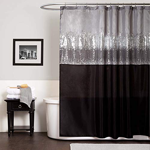 Lush Decor Night Sky Shower Curtain Sequin Fabric Shimmery Color Block Design for Bathroom, 72" x 72", Black & Gray