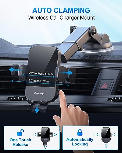 Wireless Car Charger, CHGeek 15W Fast Charging Auto Clamping Car Charger Phone Mount Phone Holder fit for iPhone 15 14 13 12 11 Pro Max Xs, Samsung Galaxy S23 Ultra S22 S21 S20, S10+ S9+ Note 9, etc