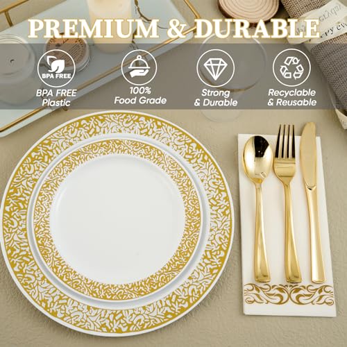 175 Piece Gold Dinnerware Set 25 Guest-50 Gold Lace Plastic Plates-25 Gold Plastic Silverware-25 Gold Plastic Cups-25 Linen Like Gold Paper Napkins, FOCUSLINE Disposable Dinnerware Set