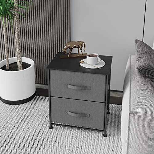 Sehloran 2 Storage Dresser End/Side Table Night Stand, Small Dresser Organizers Unit, Drawer Dresser for Bedroom, Living Room, Closet, Easy Pull Removable Fabric Bins, Wood Top, Gray