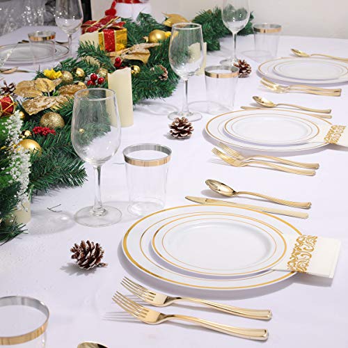 I00000 300 Pcs Gold Plastic Plates with Gold Silverware, White&Gold Plastic Dinnerware Set for Party include: 60Dinner Plates 10.25", 60Dessert Plates 7.5", 60 Gold Silverware Sets