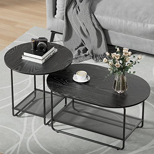 Amada Coffee Table Set, 2-Tier Center Table with Open Shelf and Metal Frame, Modern Round Coffee Table for Living Room, Set of 2, AMCT2B