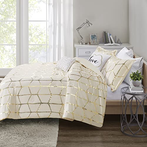 Intelligent Design Raina King / Cal King Comforter Set, Soft Microfiber Comforter Set King, Modern Geometric Metallic Bed Set, 5 Pieces College Bedding Comforter Set with 2 Shams, 2 Toss Pillows Ivory